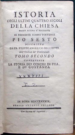 Istoria Degli Ultimi Quattro Secoli Della Chiesa Dallo Scisma D'Occidente Al Regnante Sommo Pontefice Pio Sesto - Title Page
